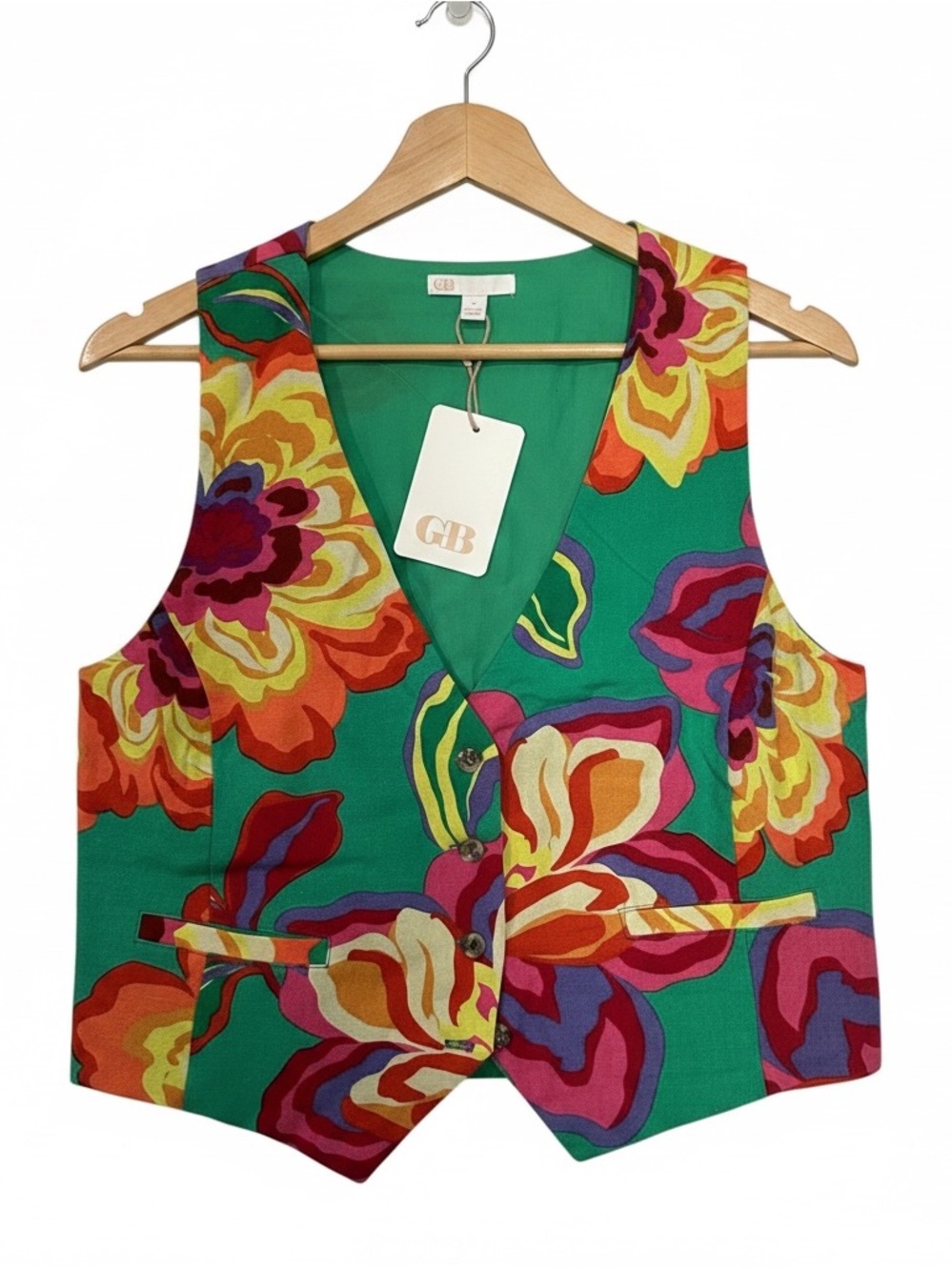 gb gianni bini green combo floral button front vest
